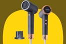 Ionic hair dryer on a yellow and olive background.