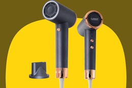Ionic hair dryer on a yellow and olive background.