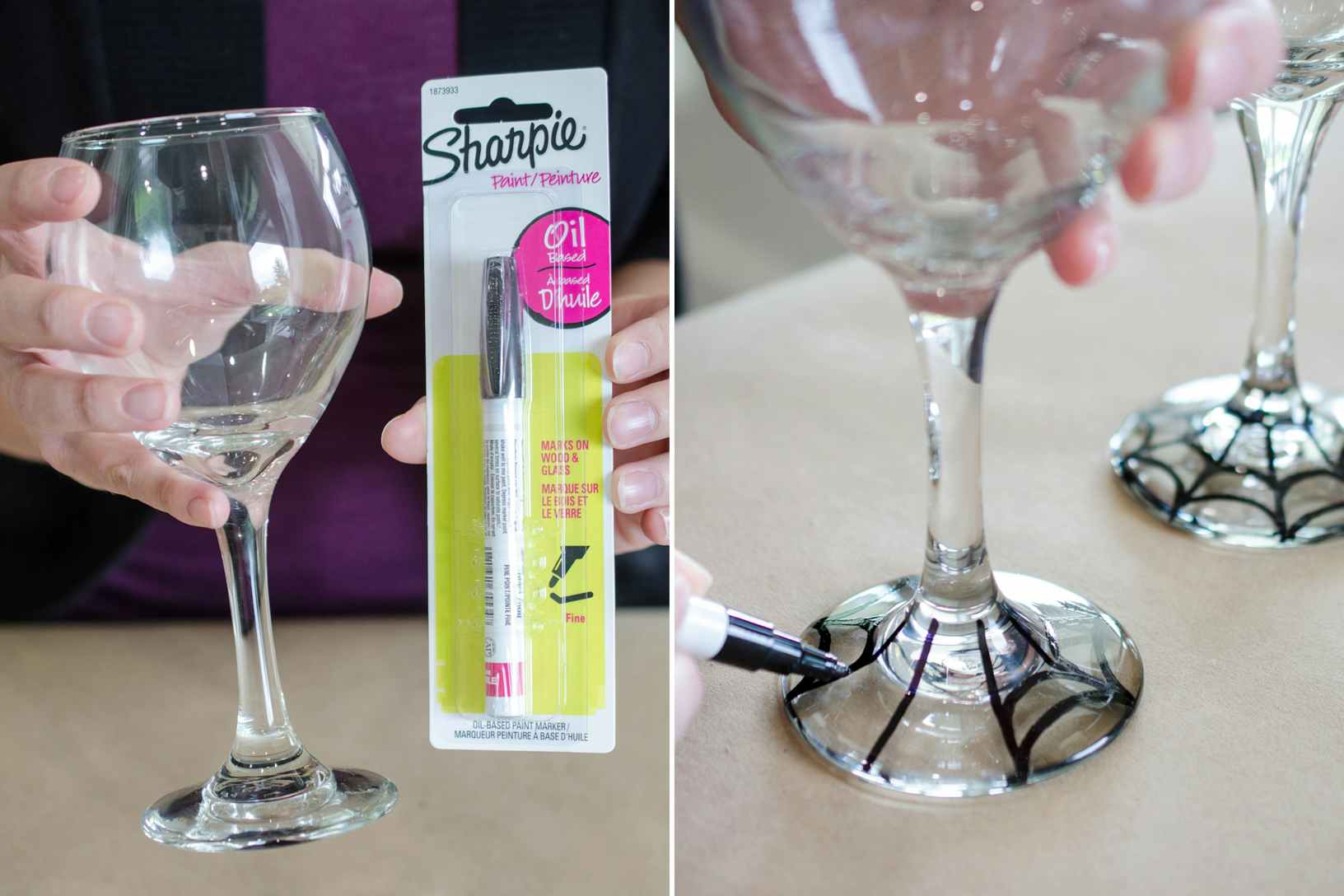 someone holding wine glass next to a sharpie paint pen and drawing on stem of wine glass