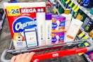 charmin toilet paper, secret deodorant, paul mitchell shampoo, always pads, and raw sugar body wash in a cart