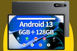 Android 13 Tablet on a yellow and olive background.