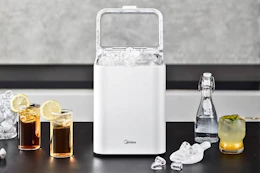 Stock image of a white Midea Ice Maker on countertop