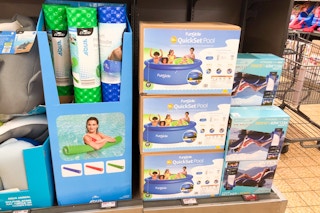 aldi quickset pool lounger and noodle on shelf