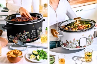 2 lifestyle images of Beautiful 6 Qt Programmable Slow Cooker in wildflower prints