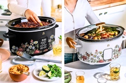 2 lifestyle images of Beautiful 6 Qt Programmable Slow Cooker in wildflower prints