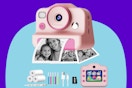 Melontti Instant Print Camera for Kids on a blue background.