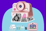 Melontti Instant Print Camera for Kids on a blue background.