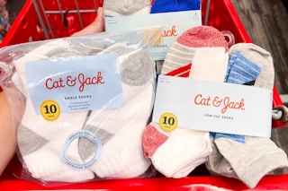 cat & jack kids socks packs sitting in a target cart