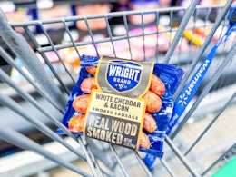 Wright Brand White Cheddar & Bacon smoked sausage in a Walmart cart
