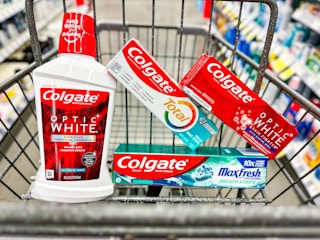 toothpastes and mouthwash in shopping cart