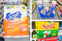 collage with scott, walgreens bags, and soda packs