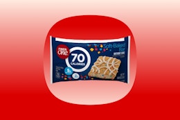 a fiber one baked bar on a red background