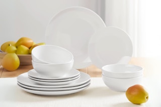 Lifestyle image of white Mainstays dinnerware set with fruit