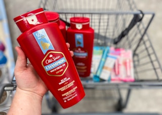 a walgreens shopping cart with old spice body wash, covergirl makeup, and maybelline makeup