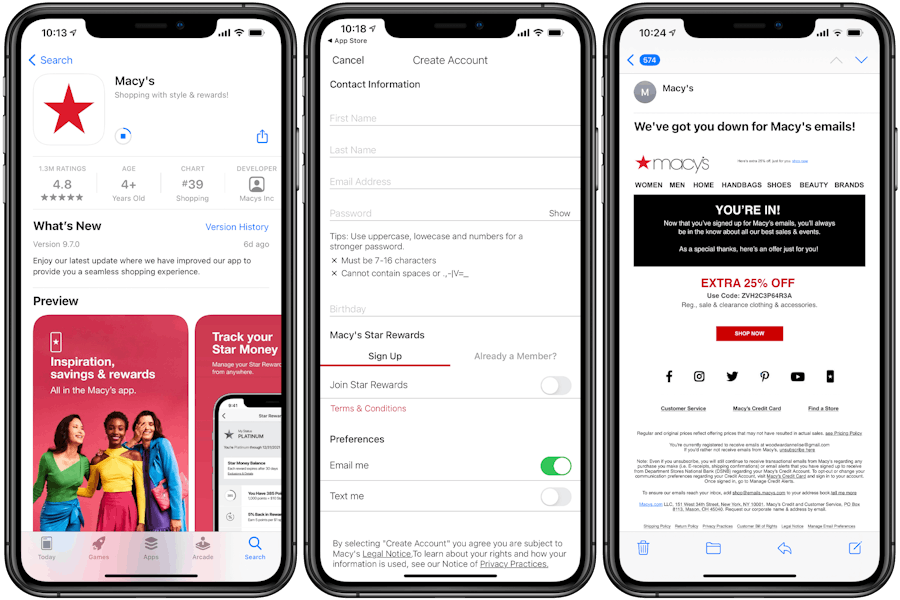 Macy's app, signup page, and email coupon