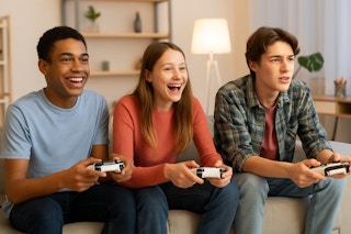 three teens playing the xbox