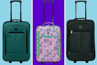 three pieces of carryon luggage: teal, paris theme, and forest green