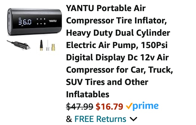 YANTU Portable Air Compressor Tire Inflator Amazon receipt