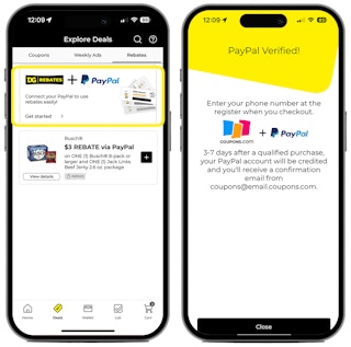 two phones displaying linking your paypal account to the dollar general app