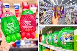collage image of raw sugar kids shampoo, gain flings, and maybelline mascara