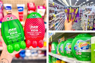 collage image of raw sugar kids shampoo, gain flings, and maybelline mascara