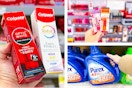 collage image of colgate toothpaste, purex detergent, and maybelline baby lips