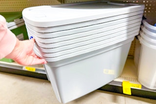 hand grabbing true living storage totes at dollar general