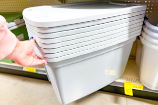 hand grabbing true living storage totes at dollar general