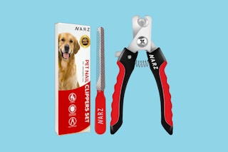 A box, a pet nail file, and a set of red, black, and silver pet nail clippers on a blue background
