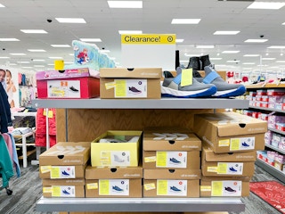 kids' shoe clearance sitting on a target shelf