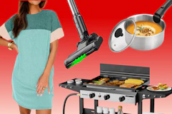 women's color block dress, grill griddle, stick vacuum, and carote cooking pot
