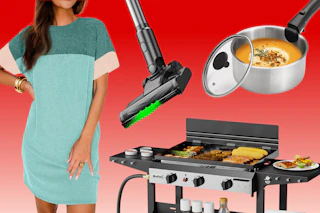 women's color block dress, grill griddle, stick vacuum, and carote cooking pot