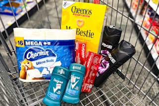 charmin toilet paper, degree deodorant, colgate toothpaste, axe body wash, and cheerios cereal in a cart