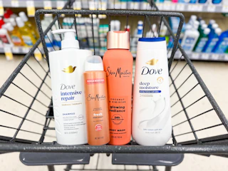 dove and sheamoisture products in a shopping cart