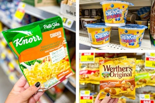 dollar general knorr, cap'n crunch, werther's 3-photo collage