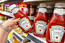 hand holding a bottle of heinz ketchup