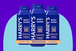 Harry's Men's Body Wash - Redwood - (3 Pack) 18 fl oz  on a blue background.