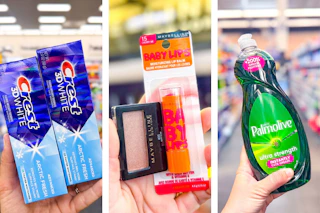 collage image of crest toothpaste, maybelline makeup, and palmolive dish soap