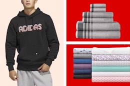 Adidas hoodie, bath towels, and sheets.