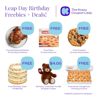 graphic featuring a free Milk Bar cake, a free dozen doughnuts from Krispy Kreme, a free chicken, and more