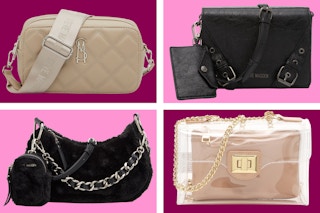 Different Steve Madden bags on a maroon and pink background. 
