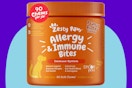 Zesty Paws Dog Allergy Relief Treats on a blue background.