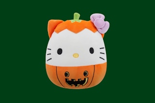 a Halloween Hello Kitty in a jack o lantern Squishmallow
