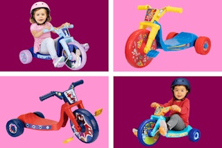 4 stock images of character Fly Wheel tricycles: Diisney Frozen, Paw Patrol, Spidey & Bluey