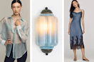 blue shirt, blue milk glass light & blue dress