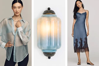 blue shirt, blue milk glass light & blue dress
