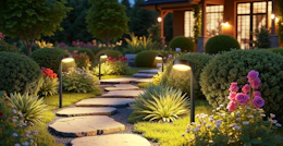 pathways lights along a walkway to a house