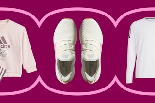 collage of adidas shoes, shirt, and kids sweatshirt