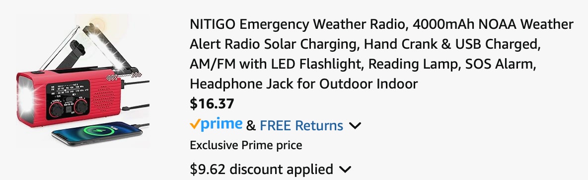 emergency radio Amazon receipt
