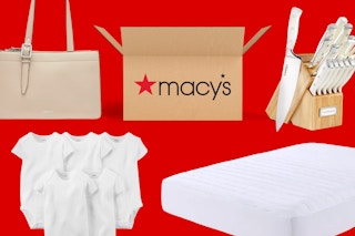 collage of a mattress pad, carter's baby bodysuits, a cutlery set and more